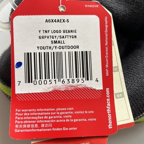 NEW The North Face Youth TNF logo beanie in graphite grey and safety green - Picture 4 of 6